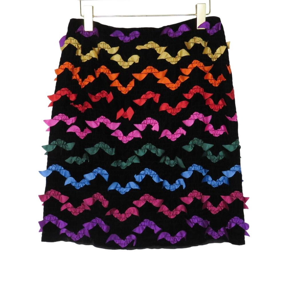 Vintage Handmade Black Rainbow Striped Frilly Ribbon Midi Skirt 26"
